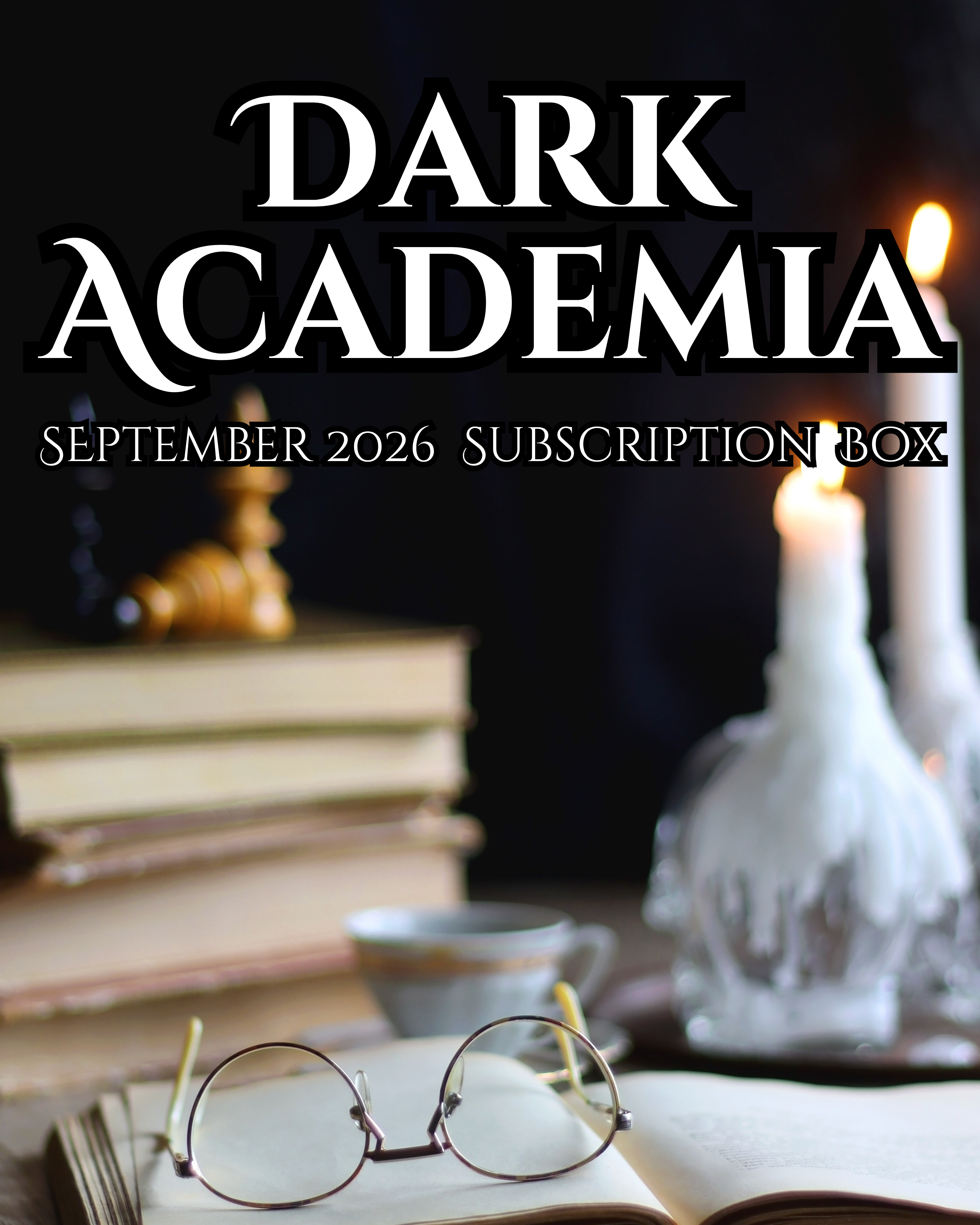 A photo of a desk with a stack of books, a pair of glasses, a cup of tea... and a skull candleholder.