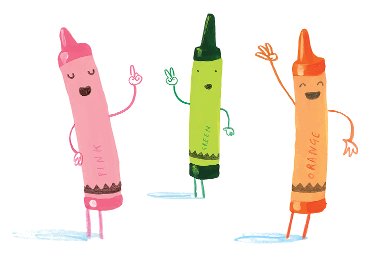 pink, green and orange crayons