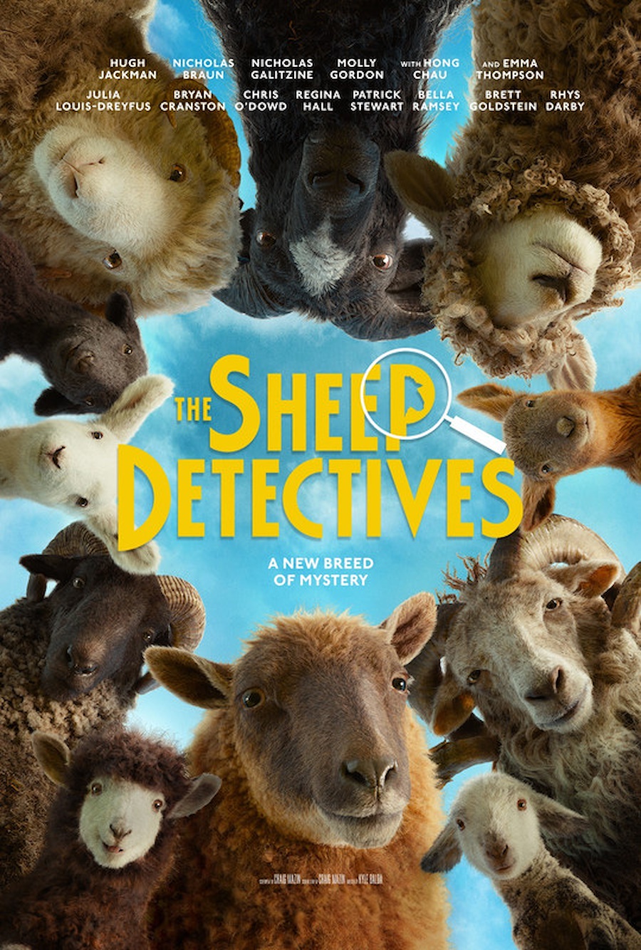 Movie poster for The Sheep Detectives, with multiple sheep staring down at the viewer