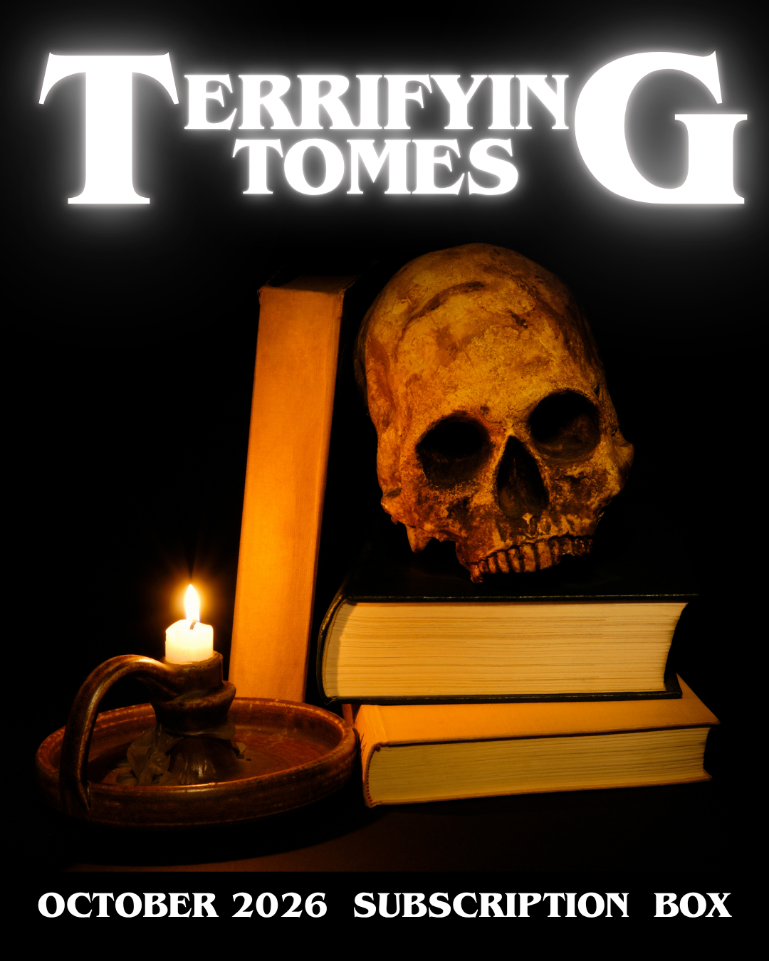 A photograph of a skull atop a pile of books, dimly lit with a candle.