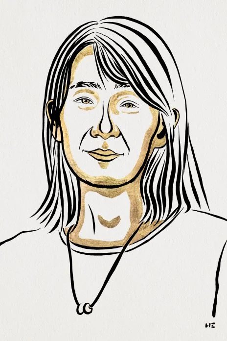 An illustration of Han Kang, a 54-year-old Korean woman with medium-length hair and bangs. The illustration is in black and white, with the shadows highlighted in metallic gold ink.