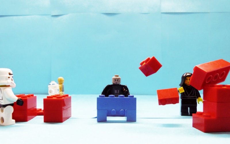teen techathon stop motion workshop video still star wars lego characters building letters to form the word May.