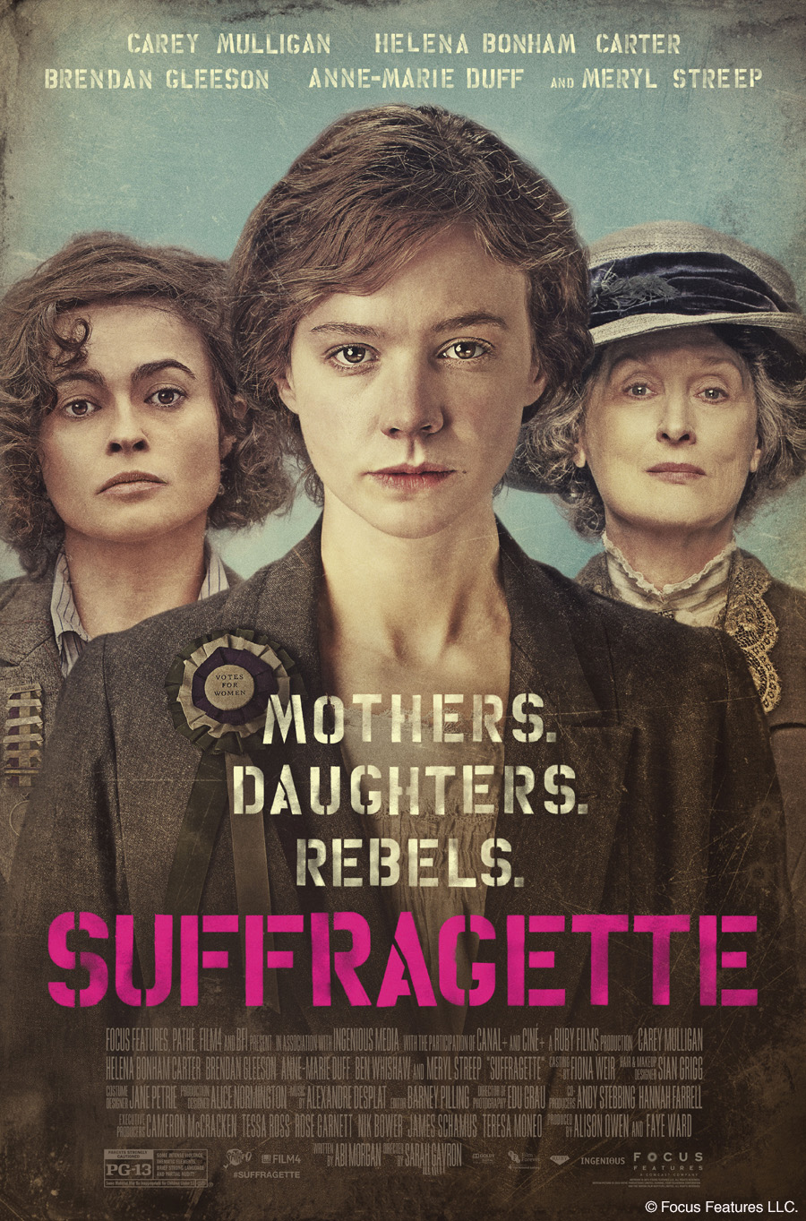 Three women in early 20th-century dress. Movie poster for Suffragette (c) Focus Features LLC
