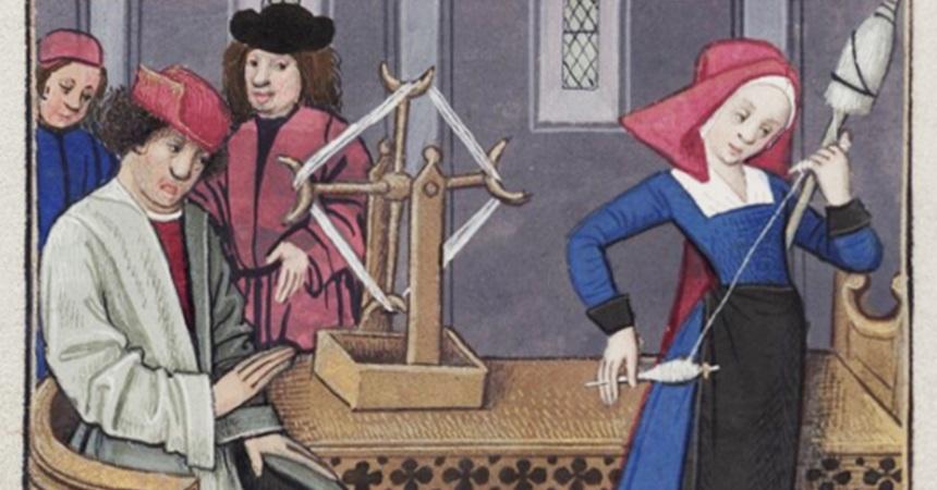 A medieval illustration of a women spinning yarn with a distaff and drop spindle.