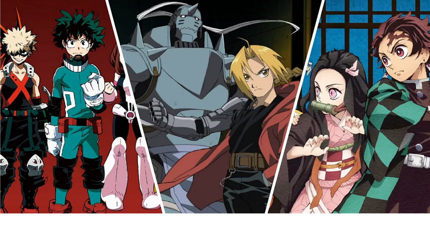 A collage of images depicting the primary characters from the anime series My Hero Academia, Full Metal Alchemist, and Demon Slayer.