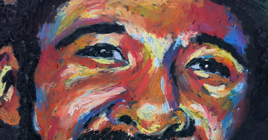 An oil painting of San Diego Padres shortshop Ozzie Smith by Nick Hall, cropped to focus on Smith's smiling eyes and the colorful range of hues in his skin.
