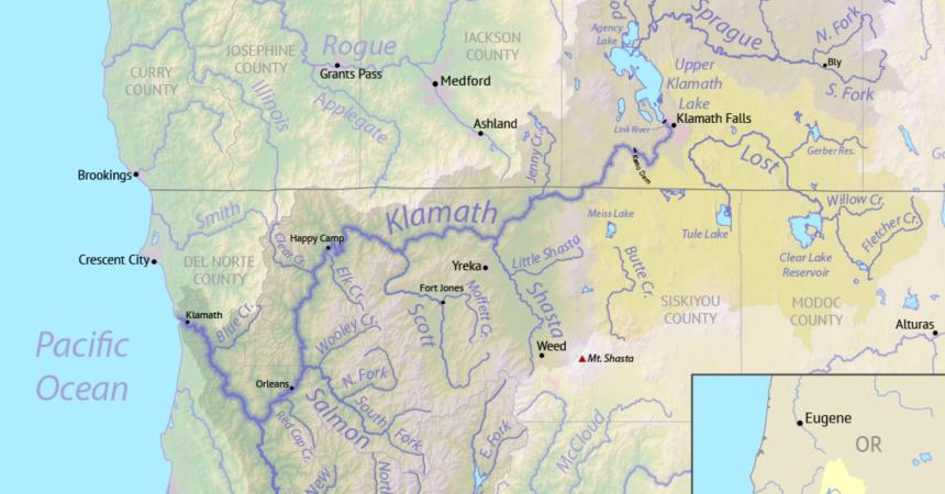 A map of the Klamath River watershed.