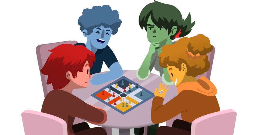 An illustration of four players sitting at a table playing a board game.