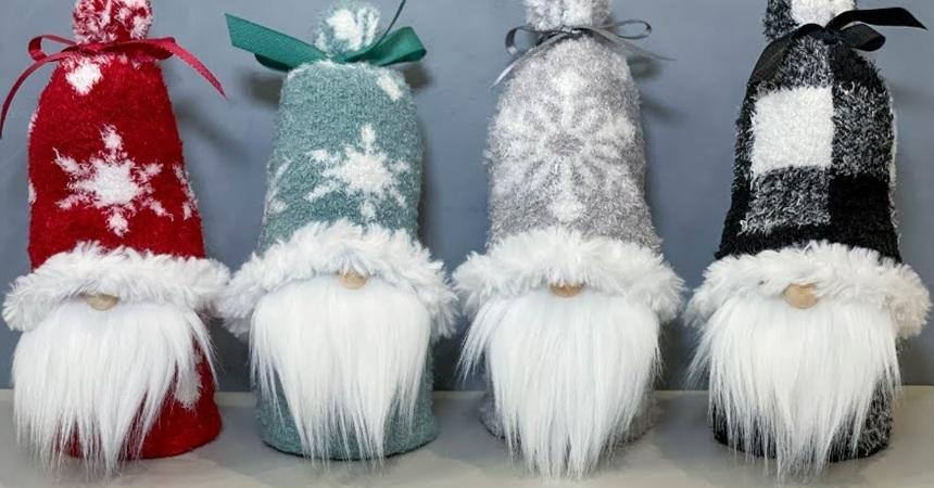 Four &quot;sock gnomes&quot; - cone shaped little creatures with bushy beards and conical hats covering their eyes.