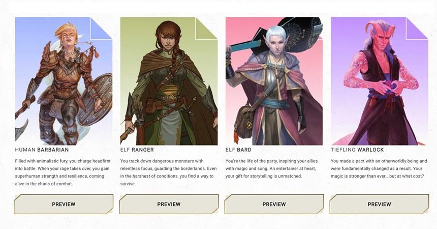 An illustration from the Dungeons and Dragons official website of some example characters: a human barbarian, an elf ranger, an elf bard, and a tiefling warlock.
