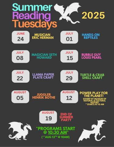 Schedule of Events for June, July, and August for Summer Reading Program