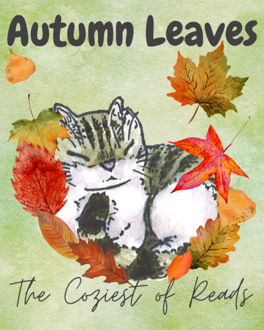 A watercolor illustration of a sleeping mackerel tabby cat surrounded by fallen leaves.