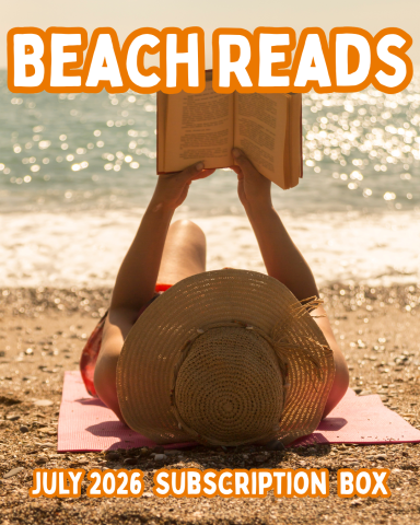 A woman lies on her back reading a book on a beach. Caption: BEACH READS: July 2026 Subscription Box