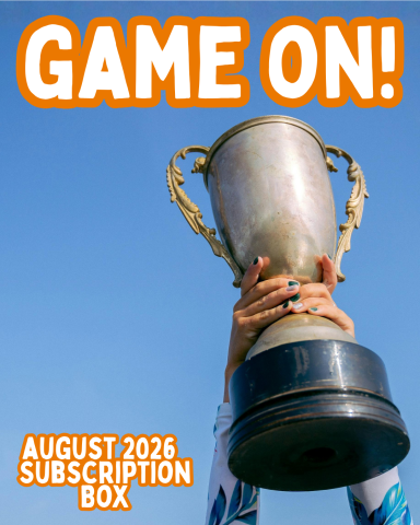 A pair of hands holds up a trophy in triumph. Captioned: GAME ON! August 2026 Subscription Box