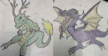 Two illustrations of dragons in colored pencil: A green one with deer antlers and a purple one with yellow bat's wings and sharp teeth.