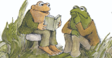 An illustration by Arnold Lobel of Frog and Toad, two anthropomorphic amphibians in blazers and pants. Toad sits on a mushroom reading a book aloud to Frog, who listens with a finger to his lips.