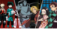 A collage of images depicting the primary characters from the anime series My Hero Academia, Full Metal Alchemist, and Demon Slayer.