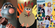  A collage composed of: Remy, the rat from Ratatouille; a construction paper turkey with googly eyes; and a magazine collage of things a child loves.