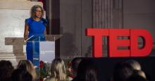 Angela Val, the first Black CEO of Visit Philadelphia, speaks at the opening ceremonies for TED Democracy Philadelphia.