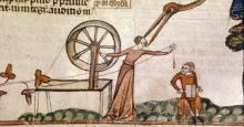 An illustration from a Medieval manuscript depicting a woman making yarn with a spinning wheel.