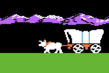A screenshot from the Apple II version of the early video game Oregon Trail.