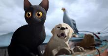 In a scene from Flow, a black cat with large eyes looks out over the edge of a boat, scanning the horizon. A cream-colored dog, a capybara and a secretary bird are also passengers on the boat.