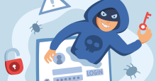A cartoon figure in a mask smiles malevolently as they emerge from the screen of a laptop.