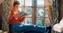 A young woman reads in a nook next to a large bay window. Two alpacas watch her from outside.