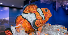 A sculpture of an orange and white clownfish made of scrap plastic. The sculpture rests on a "coral reef" of empty water bottles.