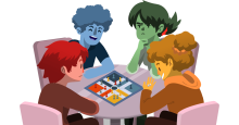 An illustration of four players sitting at a table playing a board game. 