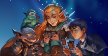 A group of fantasy creatures (a goblin, an elf girl, a one-eyed homunculus and a human boy) cluster close together, each holding a hand of Magic: the Gathering cards.