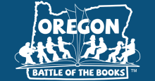 The logo of Oregon Battle of the Books on a dark blue field: eight children play tug-of-war in front of an outline of the state of Oregon. At the center of the tug of war rope, the map of Oregon is opening like a book.