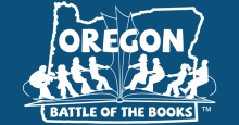 The Oregon Battle of the Books logo, which has a group of young people playing tug-of-war in front of an outline of the state.