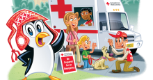 A cartoon illustration of Pedro the Penguin posing alongside a Red Cross ambulance.