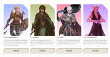 An illustration from the Dungeons and Dragons official website of some example characters: a human barbarian, an elf ranger, an elf bard, and a tiefling warlock.