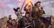 An illustration of a Dungeons and Dragons adventuring party. An armored gnome man holds a combo axe/hammer menacingly; an elven woman points her bow and arrow at the viewer; a male tiefling wizard prepares a spell, his hands glowing; an armored human woman wields a two-handed sword; and a human man brandishes two daggers.