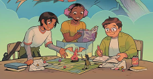 A cropped image of the cover of Dungeons & Dragons: Dungeon Club: Roll Call by Molly Knox Ostertag and Xanthe Bouma. Three young people surround a table, playing Dungeons and Dragons. There is a gridded map with miniatures, dice to roll, and loose character sheets. A Black girl with pink hair holds the game manual behind the Dungeonmaster's screen.