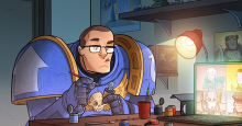 An illustration of a "space marine" in heavy armor sticking his tongue out in concentration as he paints a tiny Warhammer game piece.