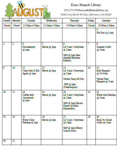 August Calendar of Events