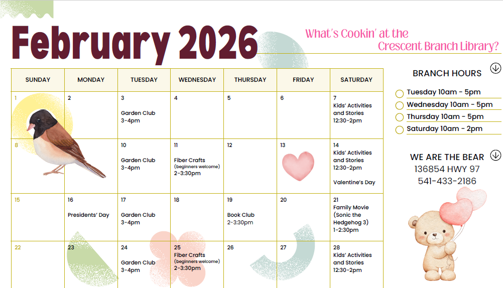February Calendar with a junco and a teddy bear holding heart-shaped balloons