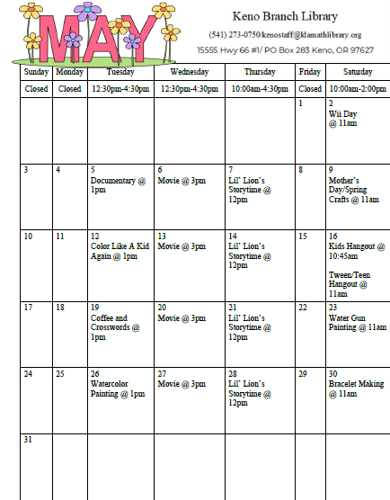 May 2026 Calendar with activities listed