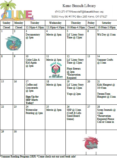 Clickable June calendar of events at Keno Branch