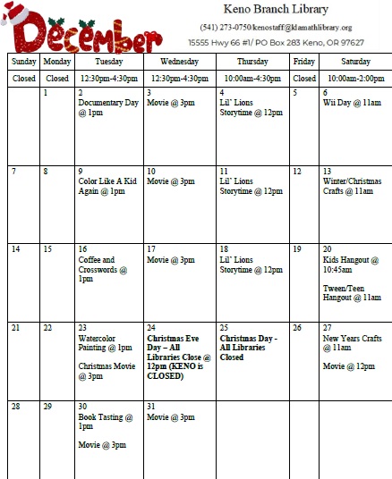 December Calendar of Activities