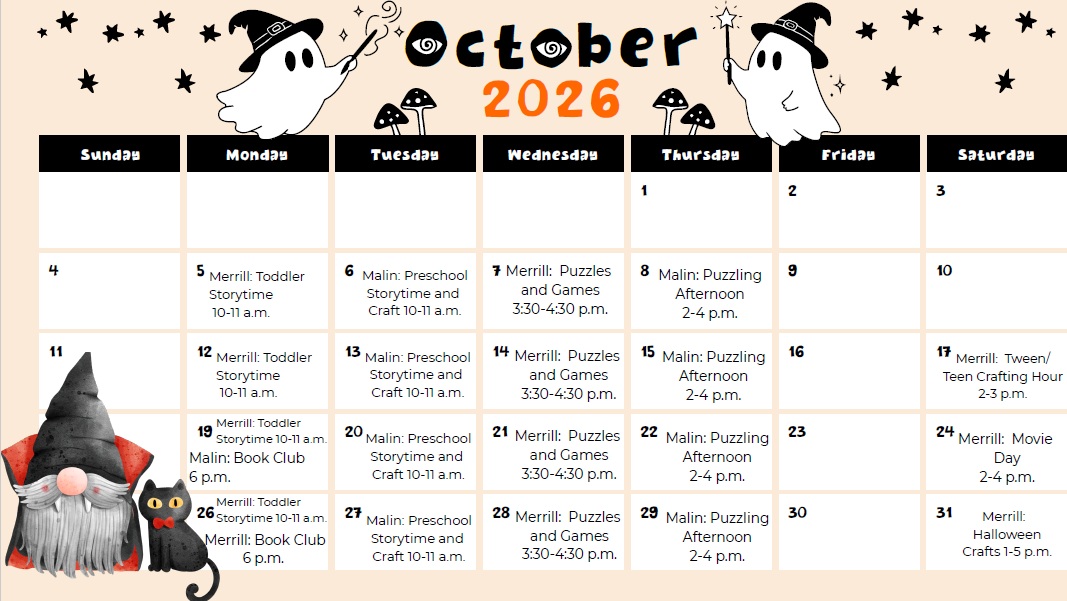 October calendar of events with Halloween illustrations