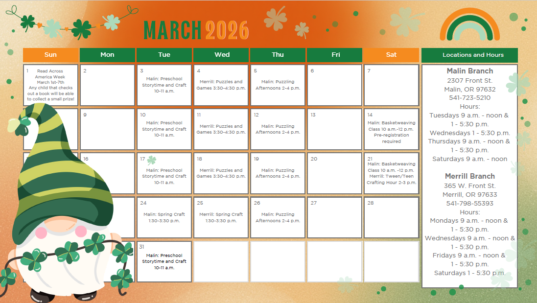 Graphic calendar of events for March 2026