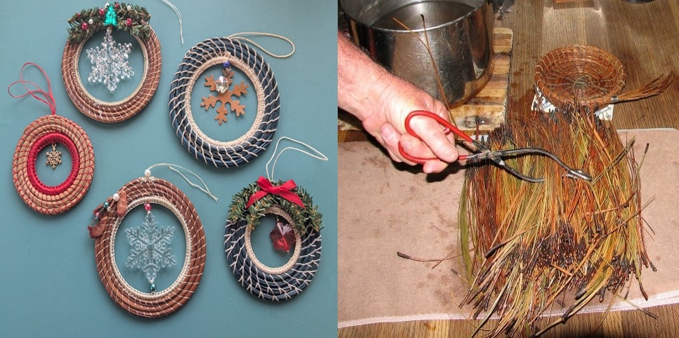 A variety of pine needle tree ornaments, and a photo of a person grabbing pine needles with tongs.